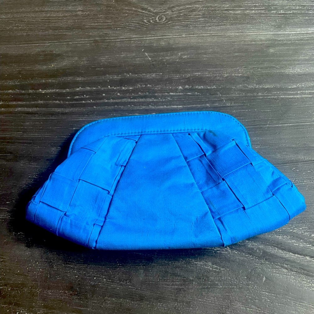 Lauren Merkin blue silk shantung basketweave clutch